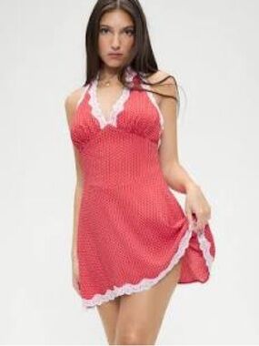 Frankie's Bikinis Red Halter Chemise with White Lace Trim